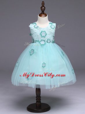 High End Apple Green Scoop Neckline Appliques and Bowknot Kids Formal Wear Sleeveless Zipper