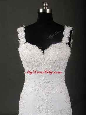 Nice Straps Sleeveless Wedding Dresses Court Train Beading and Lace White Tulle