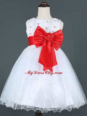 Great Scoop Sleeveless Juniors Party Dress Knee Length Bowknot White Tulle