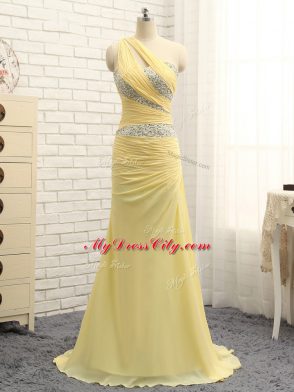 Fantastic Floor Length Zipper Prom Dress Yellow for Prom and Party and Military Ball with Beading and Ruching Brush Train