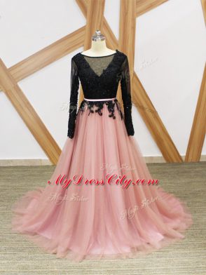 Long Sleeves Tulle Brush Train Zipper Prom Evening Gown in Pink And Black with Lace and Appliques and Sashes ribbons