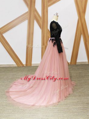 Long Sleeves Tulle Brush Train Zipper Prom Evening Gown in Pink And Black with Lace and Appliques and Sashes ribbons
