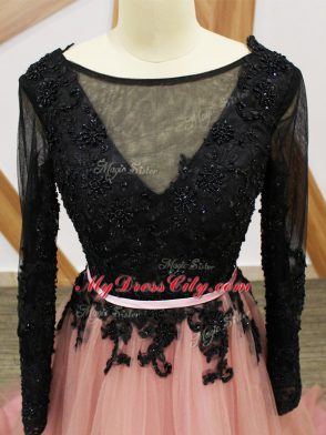 Long Sleeves Tulle Brush Train Zipper Prom Evening Gown in Pink And Black with Lace and Appliques and Sashes ribbons