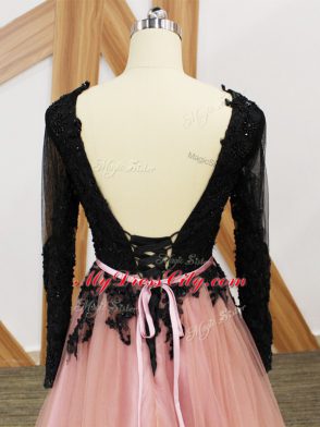 Long Sleeves Tulle Brush Train Zipper Prom Evening Gown in Pink And Black with Lace and Appliques and Sashes ribbons