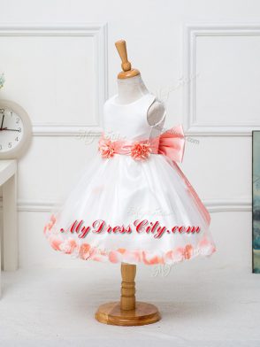 Best White Scoop Zipper Appliques and Bowknot and Hand Made Flower Flower Girl Dresses Sleeveless