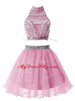 Glittering Lilac High-neck Zipper Beading Dama Dress for Quinceanera Sleeveless