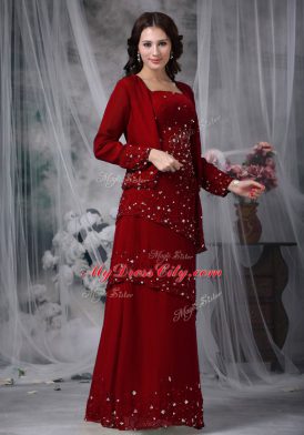 Wine Red Empire Straps Sleeveless Chiffon Floor Length Zipper Beading Mother of the Bride Dress