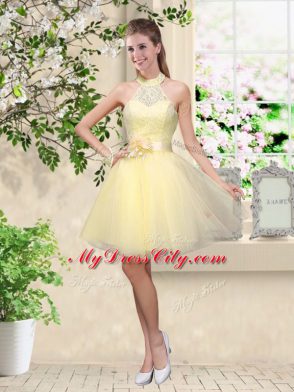 Nice Knee Length Light Yellow Wedding Party Dress Halter Top Sleeveless Lace Up