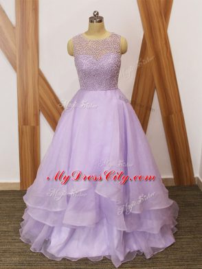 Scoop Sleeveless Prom Dress Brush Train Beading and Ruffles Lavender Organza