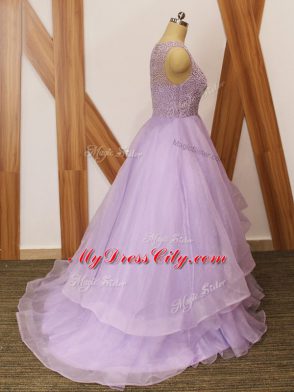 Scoop Sleeveless Prom Dress Brush Train Beading and Ruffles Lavender Organza