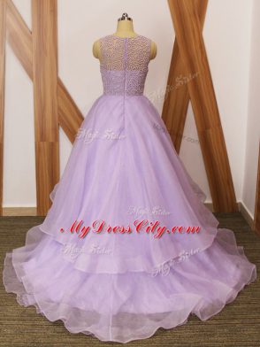 Scoop Sleeveless Prom Dress Brush Train Beading and Ruffles Lavender Organza