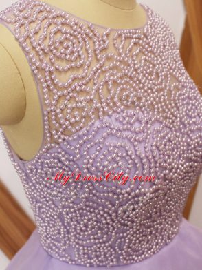 Scoop Sleeveless Prom Dress Brush Train Beading and Ruffles Lavender Organza