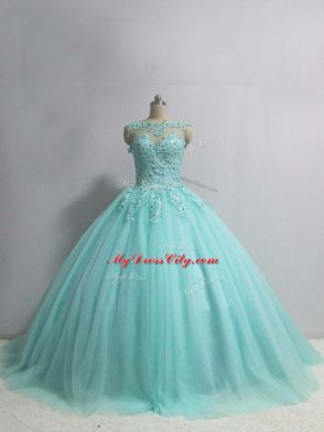 Aqua Blue Sleeveless Floor Length Appliques Lace Up Vestidos de Quinceanera