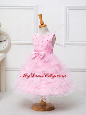 Organza Scoop Sleeveless Zipper Ruffled Layers and Bowknot Flower Girl Dresses for Less in Baby Pink