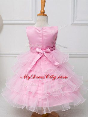 Organza Scoop Sleeveless Zipper Ruffled Layers and Bowknot Flower Girl Dresses for Less in Baby Pink
