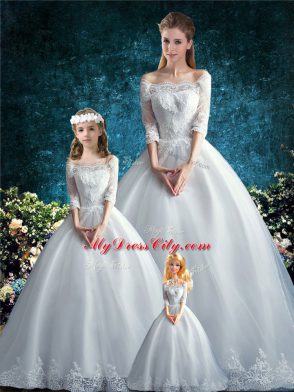 Pretty White Clasp Handle Off The Shoulder Lace Ball Gown Prom Dress Tulle Half Sleeves Court Train