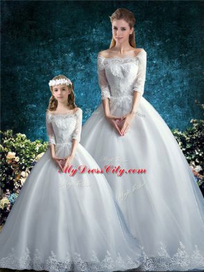 Pretty White Clasp Handle Off The Shoulder Lace Ball Gown Prom Dress Tulle Half Sleeves Court Train
