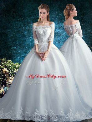 Pretty White Clasp Handle Off The Shoulder Lace Ball Gown Prom Dress Tulle Half Sleeves Court Train