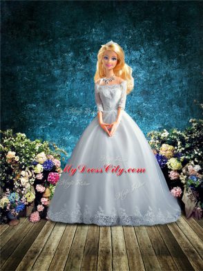 Pretty White Clasp Handle Off The Shoulder Lace Ball Gown Prom Dress Tulle Half Sleeves Court Train