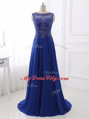 Suitable Chiffon Bateau Sleeveless Sweep Train Side Zipper Beading Prom Party Dress in Royal Blue