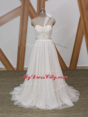 White Empire One Shoulder Sleeveless Tulle Brush Train Zipper Lace and Appliques Bridal Gown