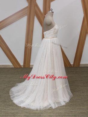 White Empire One Shoulder Sleeveless Tulle Brush Train Zipper Lace and Appliques Bridal Gown