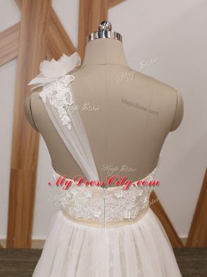White Empire One Shoulder Sleeveless Tulle Brush Train Zipper Lace and Appliques Bridal Gown