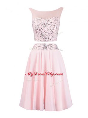 Perfect Baby Pink Empire Scoop Sleeveless Organza Knee Length Zipper Beading Prom Dress