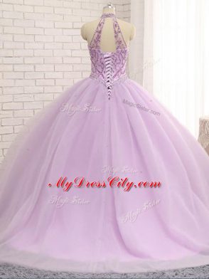 Lilac Halter Top Neckline Beading Sweet 16 Dress Sleeveless Lace Up