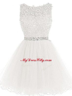 Pretty White Tulle Lace Up Prom Dress Sleeveless Mini Length Beading and Lace and Appliques