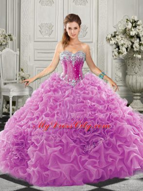 Lilac Lace Up Sweetheart Beading and Ruffles Quinceanera Gowns Organza Sleeveless Court Train