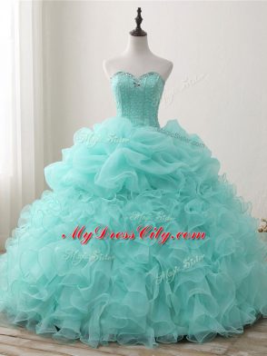 Modern Apple Green Sleeveless Beading and Ruffles and Pick Ups Floor Length Quince Ball Gowns