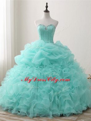 Modern Apple Green Sleeveless Beading and Ruffles and Pick Ups Floor Length Quince Ball Gowns