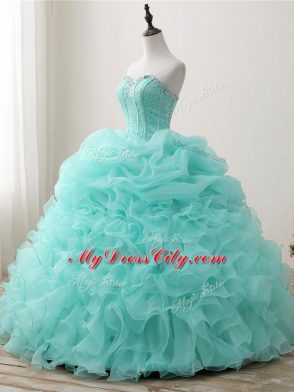 Modern Apple Green Sleeveless Beading and Ruffles and Pick Ups Floor Length Quince Ball Gowns