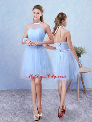 Adorable Blue Lace Up Vestidos de Damas Ruching Sleeveless Knee Length