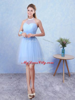 Adorable Blue Lace Up Vestidos de Damas Ruching Sleeveless Knee Length