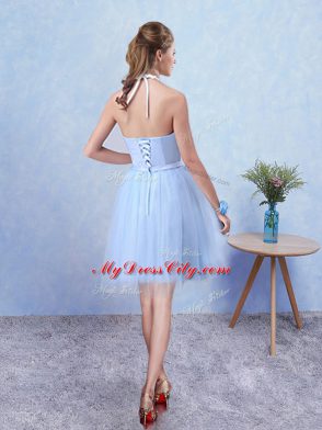 Adorable Blue Lace Up Vestidos de Damas Ruching Sleeveless Knee Length