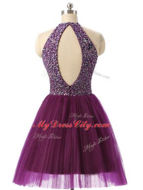 Super Dark Purple A-line Tulle Halter Top Sleeveless Beading and Sequins Mini Length Backless Prom Dresses