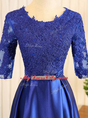 Half Sleeves Floor Length Embroidery and Belt Zipper Homecoming Dress with Blue