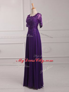 Empire Mother of the Bride Dress Purple Scoop Chiffon Half Sleeves Floor Length Zipper