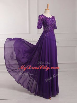 Empire Mother of the Bride Dress Purple Scoop Chiffon Half Sleeves Floor Length Zipper