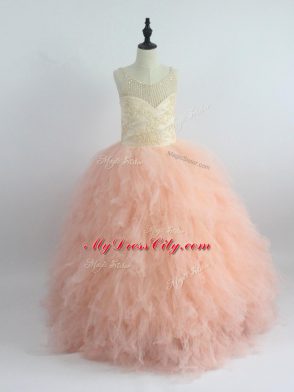 Fantastic Peach Tulle Zipper Scoop Sleeveless Floor Length Little Girls Pageant Gowns Appliques and Ruffles