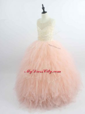 Fantastic Peach Tulle Zipper Scoop Sleeveless Floor Length Little Girls Pageant Gowns Appliques and Ruffles