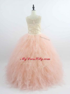 Fantastic Peach Tulle Zipper Scoop Sleeveless Floor Length Little Girls Pageant Gowns Appliques and Ruffles