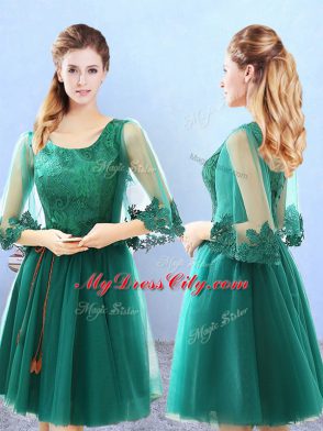 Chic Knee Length Green Bridesmaids Dress Tulle 3 4 Length Sleeve Lace and Appliques
