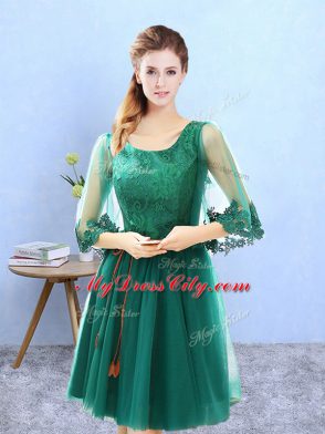 Chic Knee Length Green Bridesmaids Dress Tulle 3 4 Length Sleeve Lace and Appliques