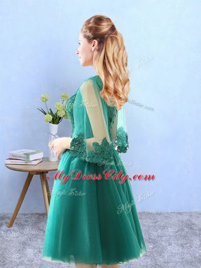 Chic Knee Length Green Bridesmaids Dress Tulle 3 4 Length Sleeve Lace and Appliques