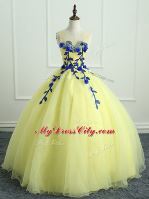 Light Yellow Sleeveless Hand Made Flower Floor Length Quinceanera Gowns