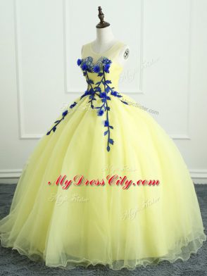 Light Yellow Sleeveless Hand Made Flower Floor Length Quinceanera Gowns