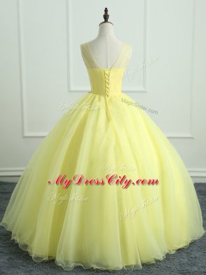 Light Yellow Sleeveless Hand Made Flower Floor Length Quinceanera Gowns
